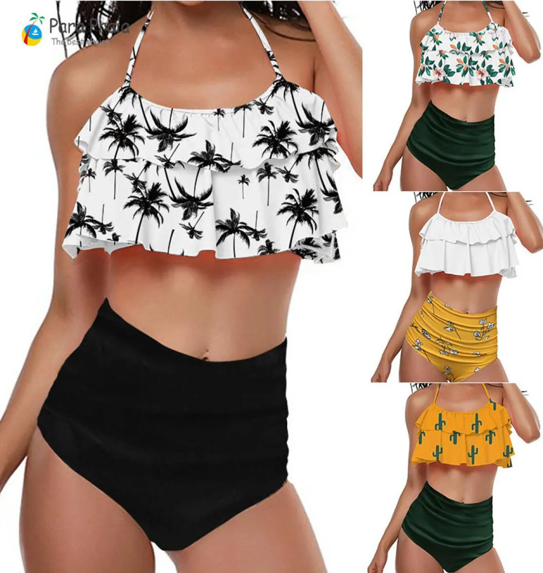 2020 Palm Tree Push up Bikini Set Women Helter Ruffle Swimwear Sexy Off Shoulder High Waist Swimsuit Women Beach Bathing Suit6956709