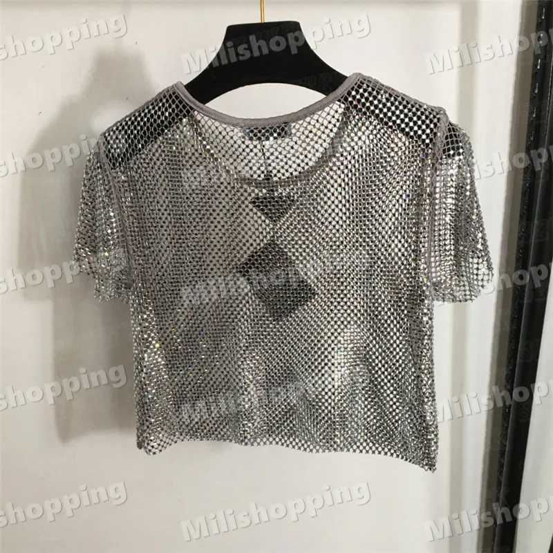 Brand Metal Badge T Shirts Tops For Women Shiny Rhinestone Mesh Hollow Top Designer Short Style Pullover Tees Streetwear