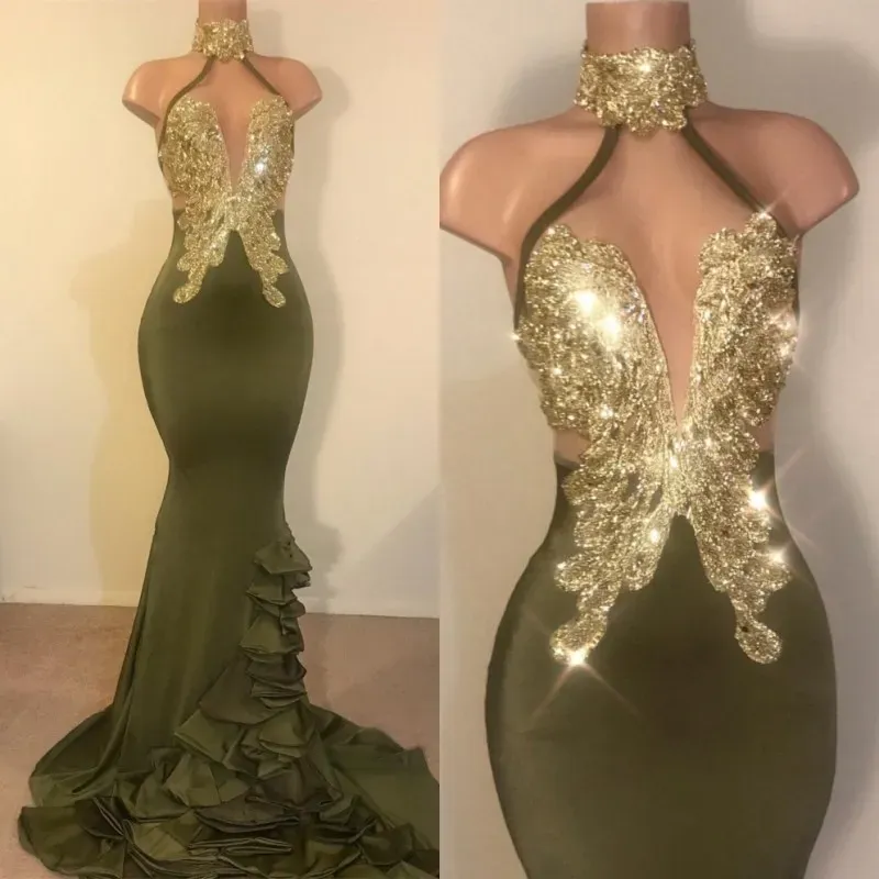 Halter Olive Green Satin Long Mermaid Prom Dresses Black Girls Lace Applique Anioni a strati a strati Spazzare abiti da sera in treno