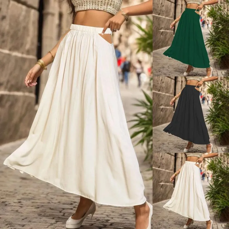 Skirts Women's High Waisted Beige Skirt Office Lady Solid Color A Line Maxi Fall Womens Pleated Waist Large Swing