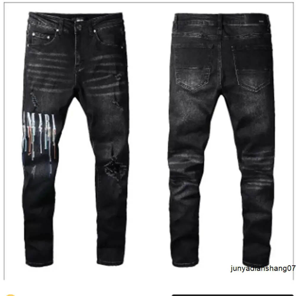 Heren Designer Jeans Hoge Elastiek Distressed Ripped Slim Fit Motorcycle Biker Denim voor herenmode Zwarte broek #030 28-38