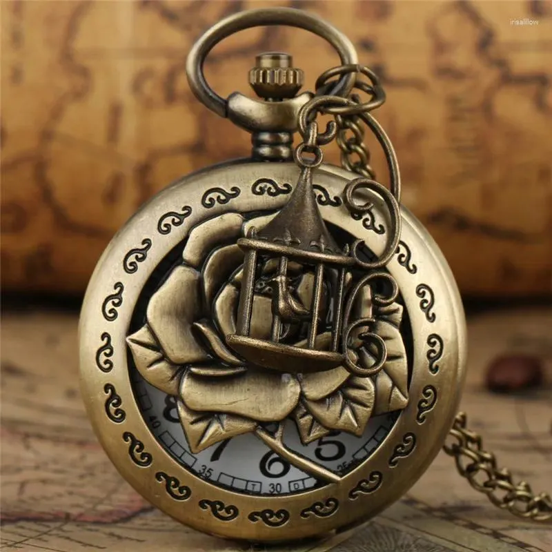 Pocket Watches Bronze Antique Hollow-Out Flower Design Women Men Retro Quartz Analog Watch Necklace Chain With Bird Cage Accessory