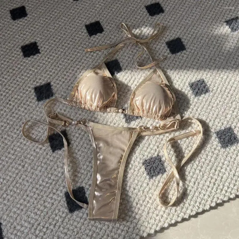 Dames badkleding bikini set met pads faux pearl halter veter string sexy strandkleding voor snel drogen helder