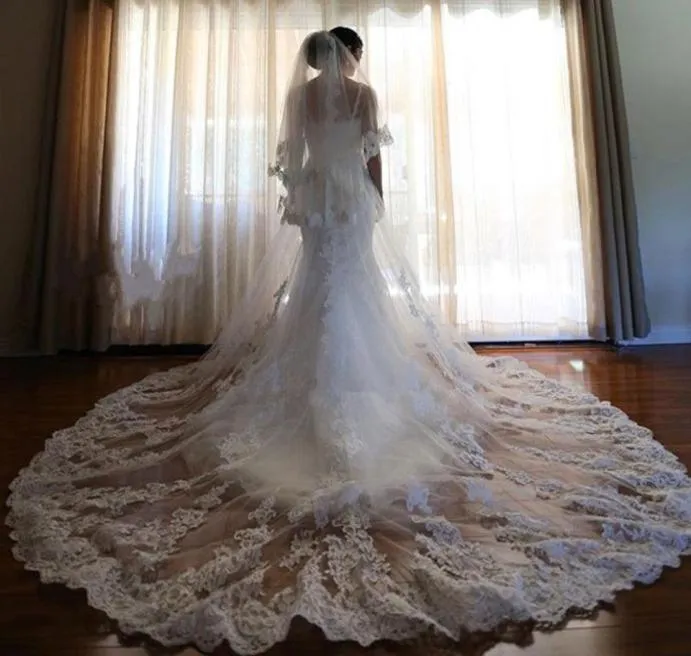 Elegant Cathedral Length Long Bridal Veil Three Layer Lace Applique Tulle Wedding Veils With Comb3909536