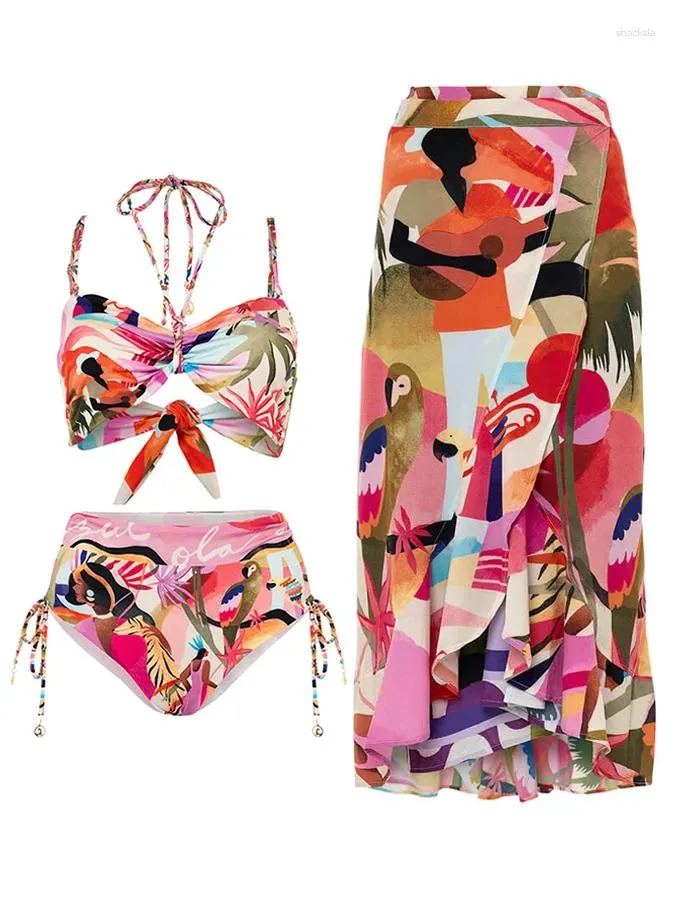 Kadın Mayo Tropikal Çiçek ve Kuş Baskı Plaj Giyim 2024 Moda Yaz Bikini Örtü plaj tarzı mayolar seksi