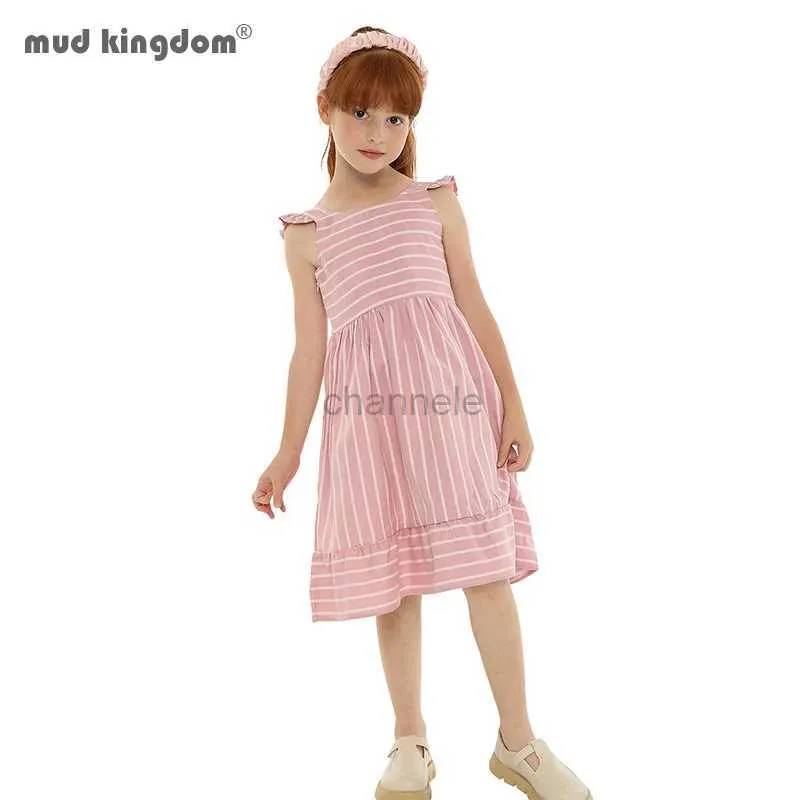 Robes de fille Mudkingdom grandes filles robes pour l'été robe rayée pour les filles vêtements sans manches décontracté sans manches arrière avec volants mode 240315