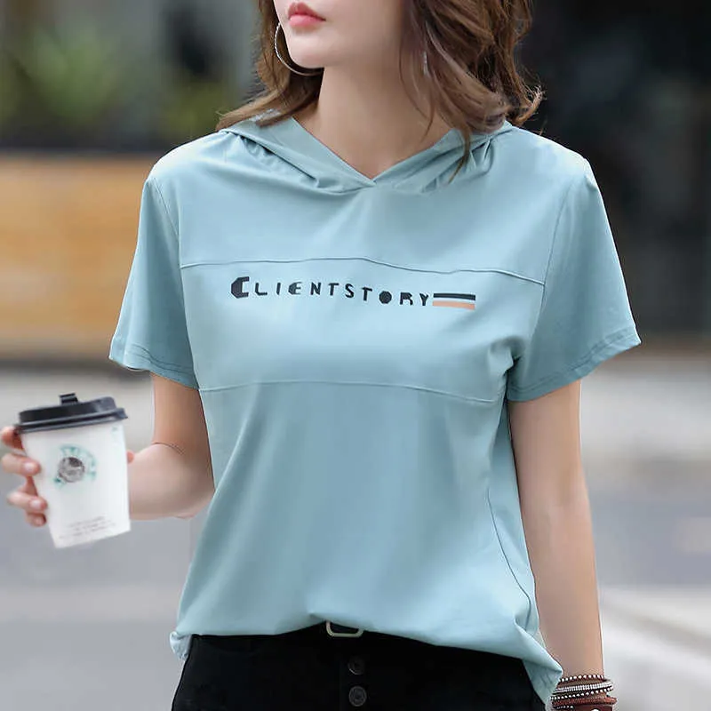 Bawełniany z kapturem koszulka damska krótkie rękaw białe szczupłe koszulka z kapturem z kapturem wiek redukujący koreańską koszulkę letnią