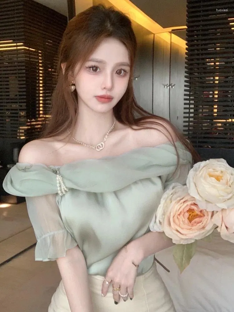 Kadınlar tişörtleri Korejepo Fransızca nazik stil üstte bir omuz gömlek kadın şifon tatlı benzersiz parlama kılıf güzel romantik şık