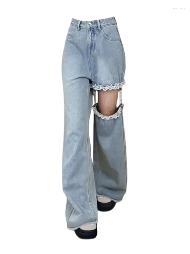 Jeans pour femmes Vintage Hiphop taille haute bleu déchiré trou Baggy pantalon large jambe rue droite Denim pantalon mode marée Y2K Streetwear