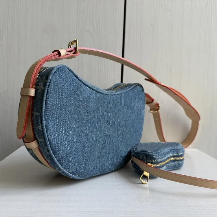 Denim embroidered canvas cowhide shoulder bag for women handbag with coin purse