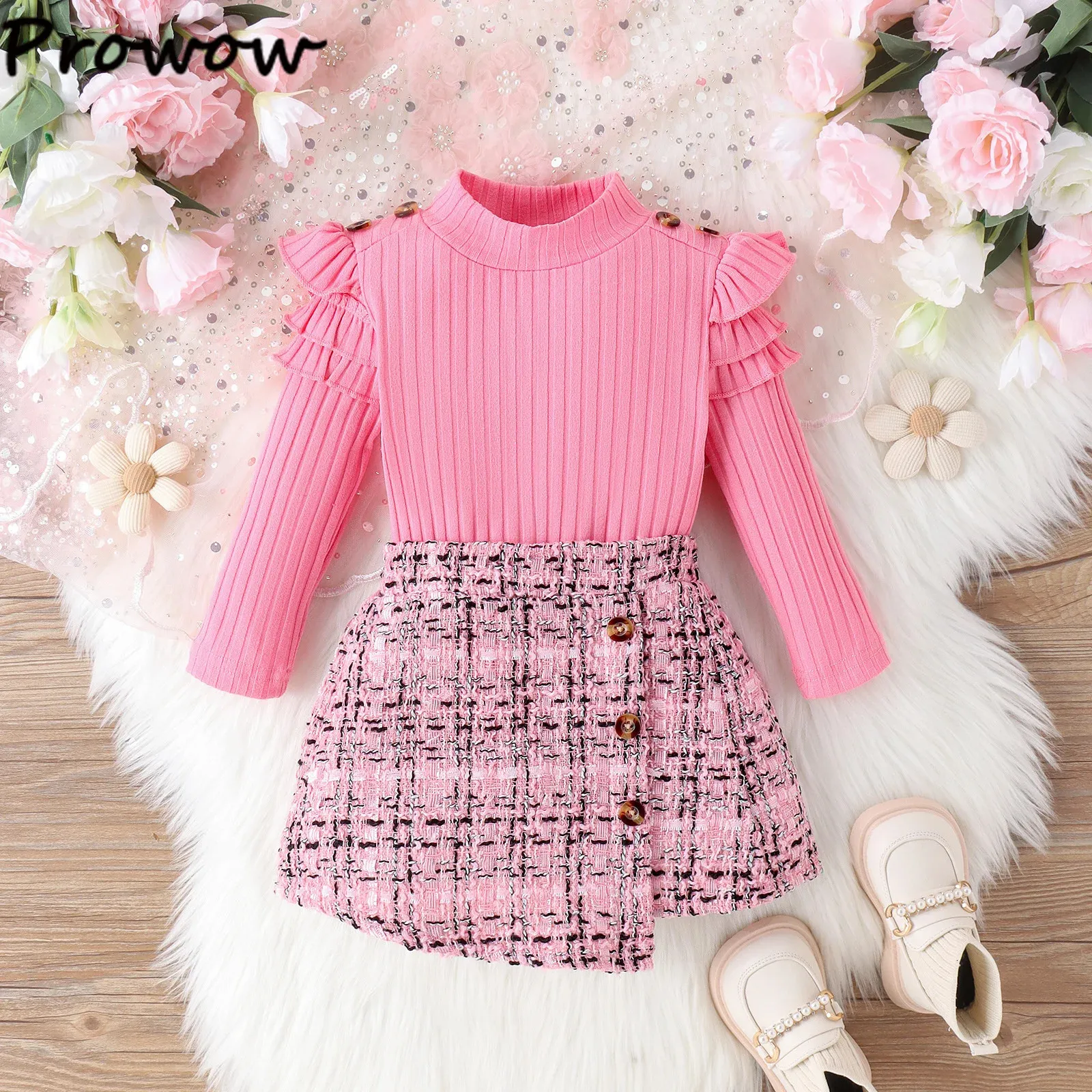 Prowow Toddler Girl Clothes Outfit Ruffles Top och Pink Oregelbulär tweed kjol mode vinter baby flickor tweed uppsättningar för barn 240229