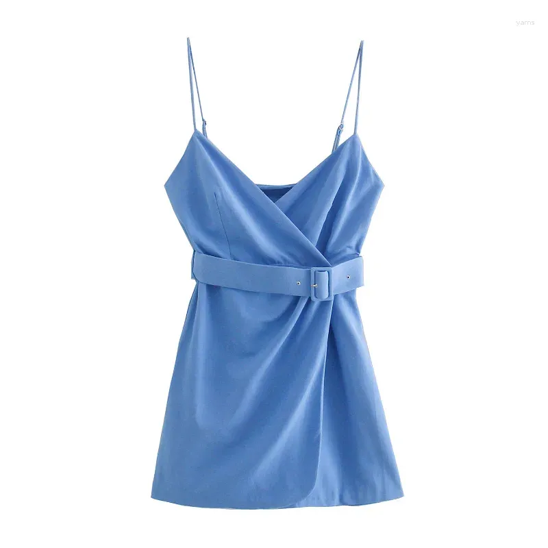 Robes décontractées femmes couleur unie lin une ligne mini avec slash sexy spaghetti sangle robe de soirée femme bleu