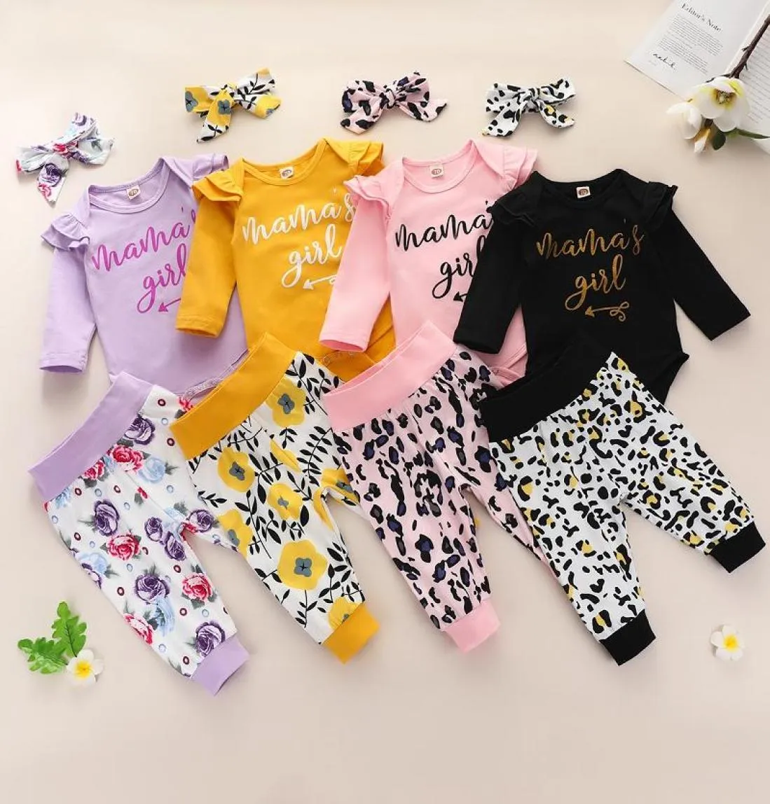 Bebê outono conjuntos de roupas manga longa letras impressão macacão topo leopardo floral calças headbands 3pcsset boutique recém-nascidos meninas 9061517