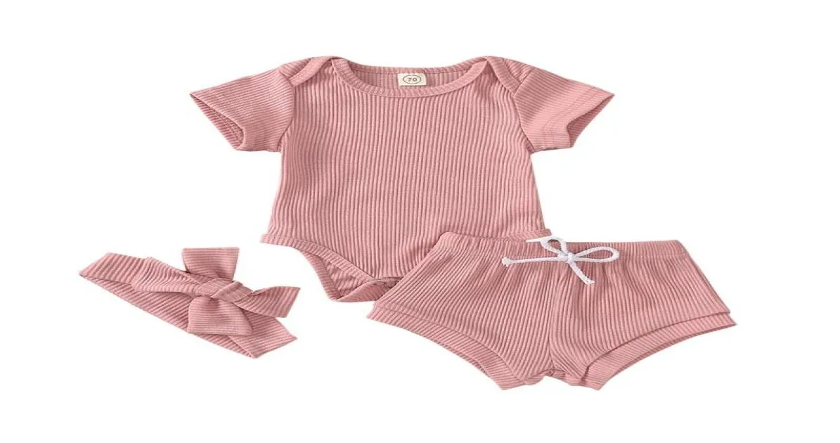 3st mode nya baby flickor kläder nyfödda baby solid kort ärm bodysuits shorts pannband set spädbarn småbarn kläder 13t3129251