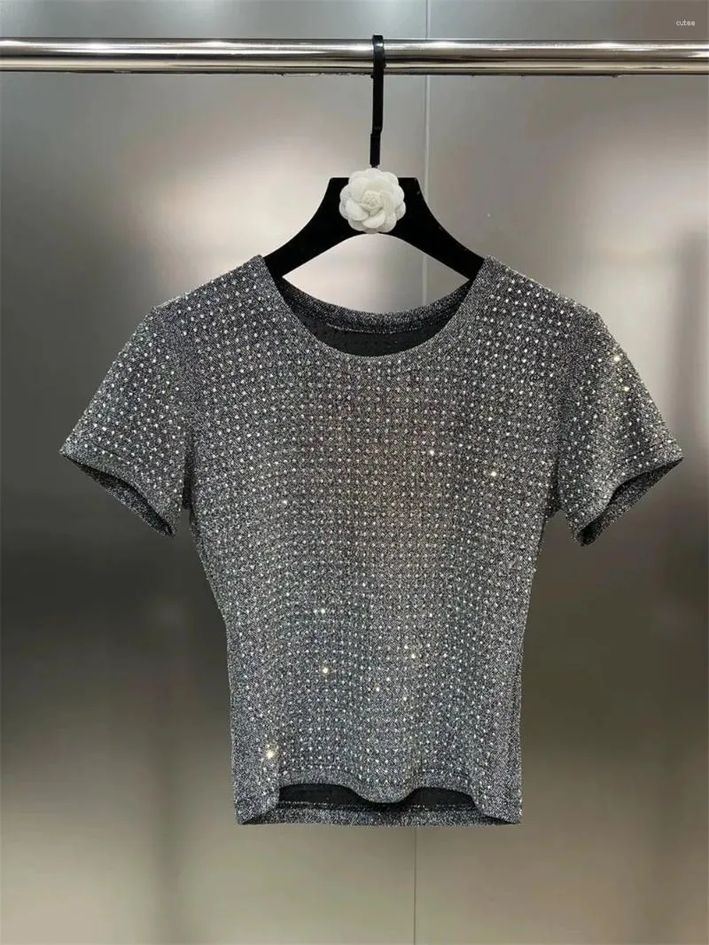 Blusas femininas outono em torno do pescoço mangas curtas brilhante laminado diamante cintura encolhendo elástico malha camiseta tendência