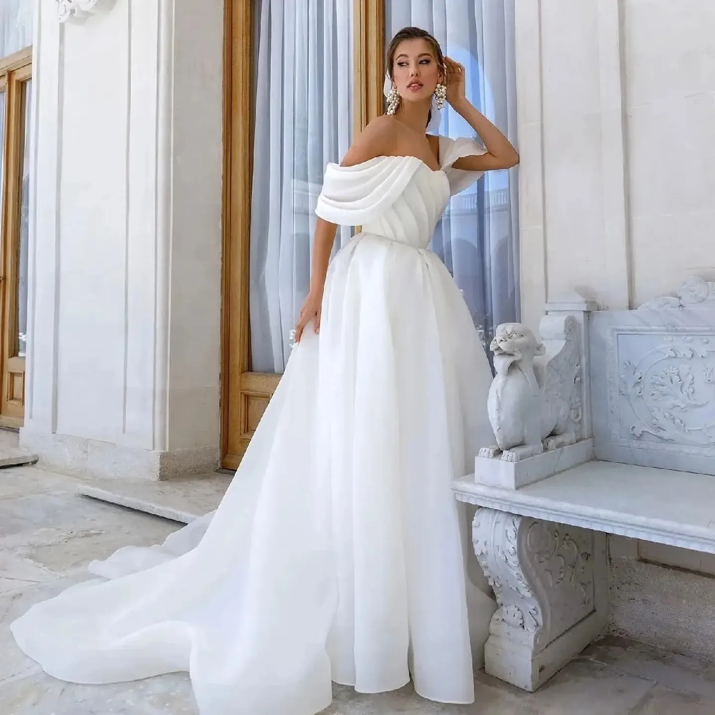 Elegant Organza Wedding Dress for Women Off the Shoulder Hort Sleeves Boho Princess A-Line Bridal Party Gows Vestidos de Novias Yd
