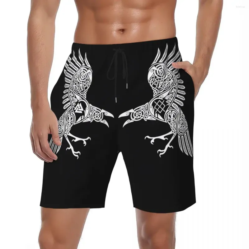 Herren-Shorts, Badeanzug, Odin, Rabe, Runen, nordisches Fitnessstudio, Sommer, lustig, lässig, Strand, männlich, bedruckt, Sport, bequeme Badehose