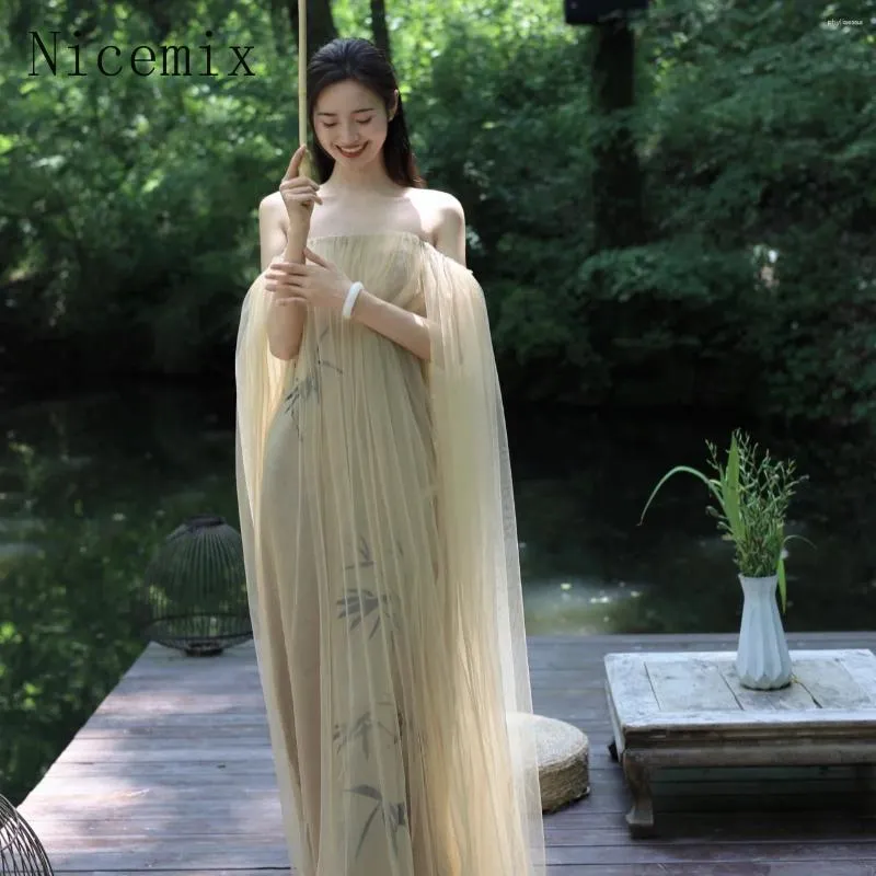 Robes décontractées Style chinois Vintage robe printemps une épaule sans bretelles maille peinture à l'encre ancienne imprimée longue pour les femmes
