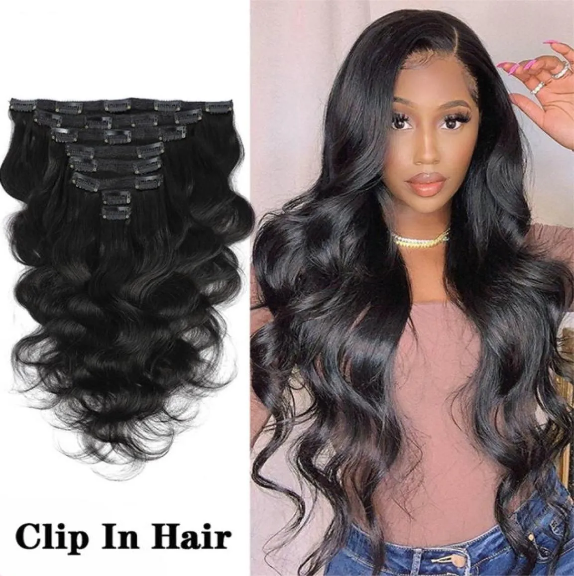 Extensions de cheveux humains brésiliens à clips, Body Wave, couleur noire naturelle, 826 pouces, 8 pièces, 120G9286303