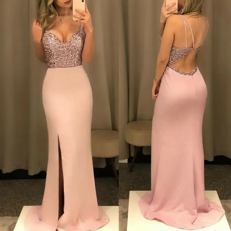 Women Sequins Backless Long Maxi Dress Formal Party Lady Bodycon Ball Prom Gown Ladies Deep VNeck High Waist Slit 240309