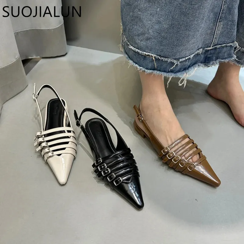 Suojialun Spring Brand Kvinnor Sandal Fashion Point Toe Grunt Slip On Ladies Slingback Shoes Square Low Heel Mules 240307