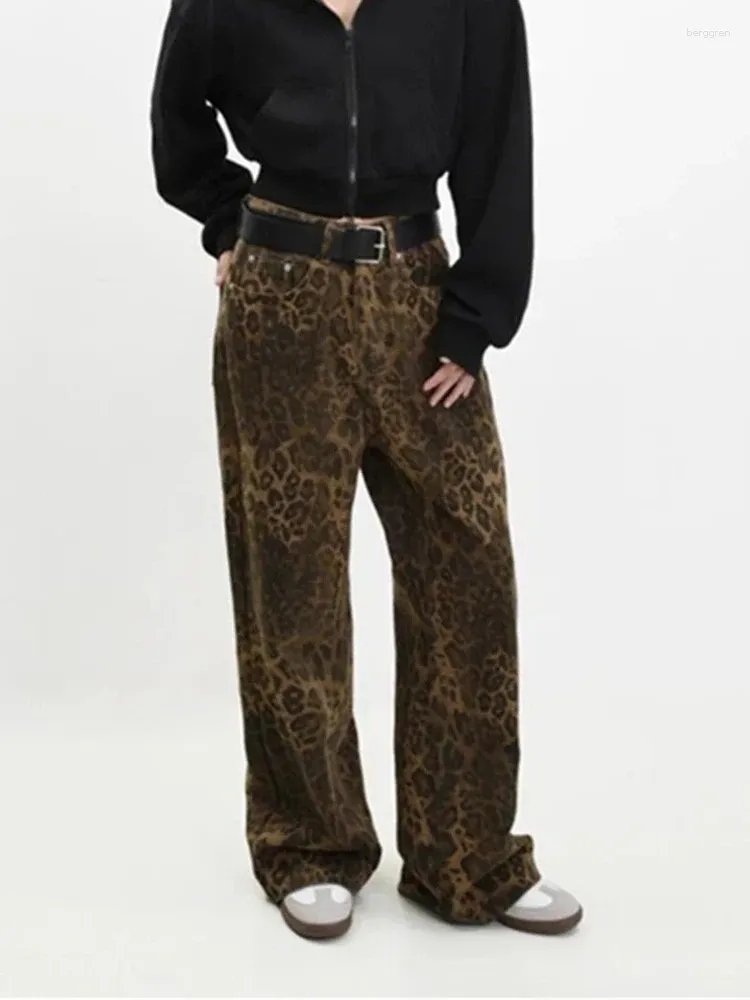 Calças de brim femininas leopardo impressão baggy feminino 2024 y2k moda vintage cintura alta carga denim calças harajuku rua perna larga