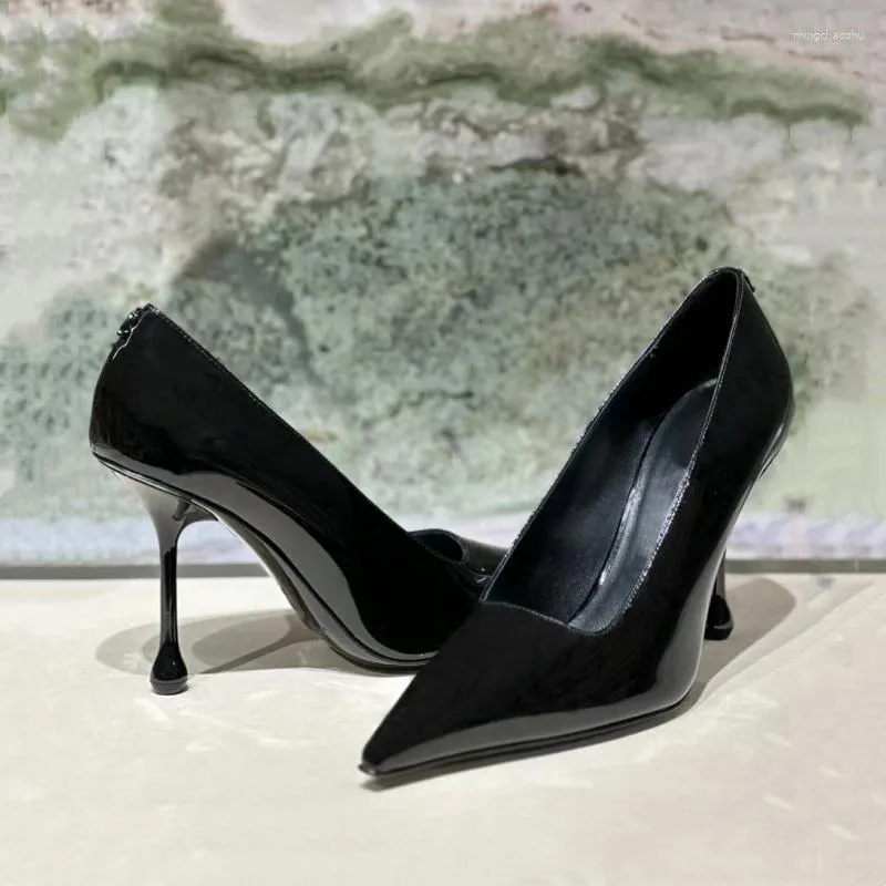 Sapatos de vestido apontou toe patente couro salto alto senhoras marca designer sexy deslizamento-on stiletto verão para mulheres bombas de festa preta
