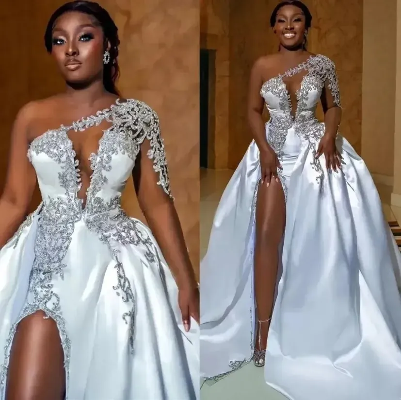 2024 ASO EBI African Sexy High Split Wedding Dresses A Line One Shoulder Beaded Appliques Keyhole Neck Slit Bridal Gowns Plus Size Robes Custom Made BC14877