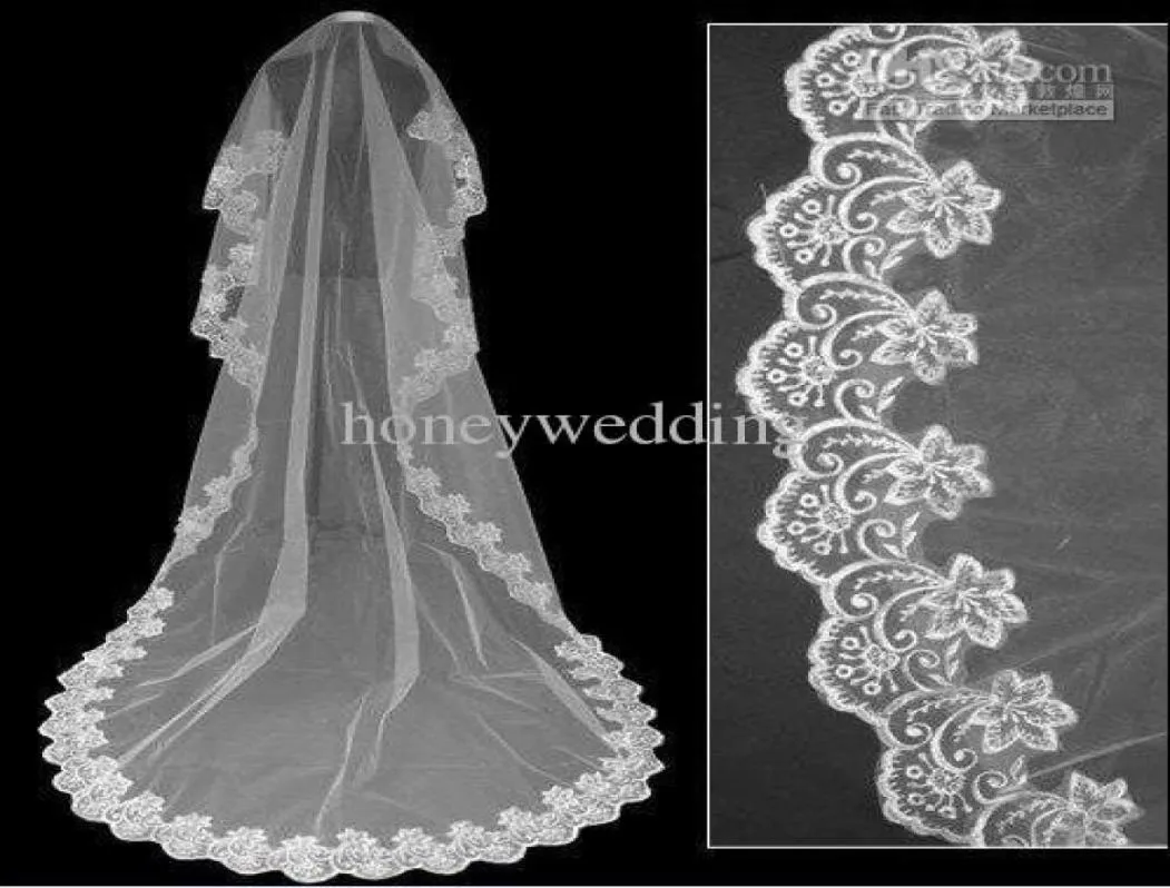 Veli da sposa lunghi in pizzo con perline lunghi fino al pavimento, tulle sottile bianco, voile da sposa corto, veli da sposa lunghi N0019737612