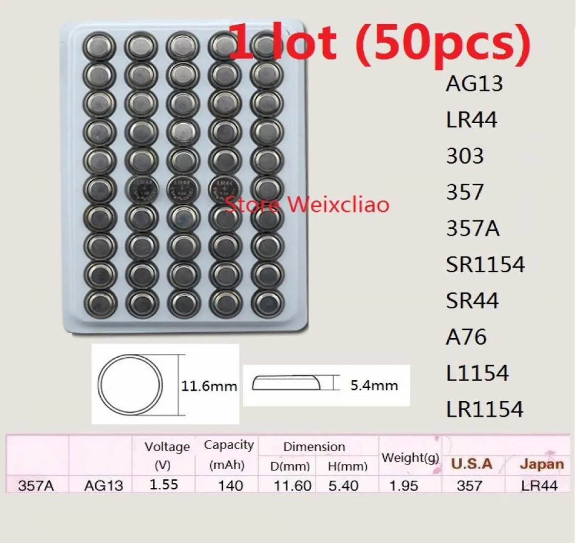 50 Stück 1 Los AG13 LR44 303 357 357A SR1154 SR44 A76 L1154 LR1154 155 V Alkaline-Knopfzelle Knopfzellenbatterie Fach 8937459