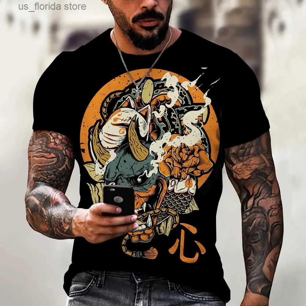 Men's T-Shirts Vintage Mask Samurai Printed Mens Cotton T-shirt Tops Summer Casual Short Slve Shirt O Neck Oversized Strt Mens Clothing Y240315