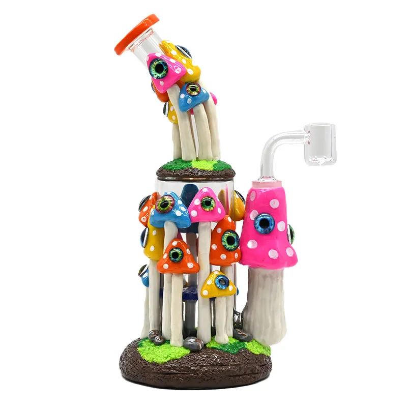 9.4in,Glass Bubbler With Fixed Diffuser Downstem Water Pipe Bongs,Colorful Polymer Clay Mushrooms Evil Eyes Smoking Item,Evil Eyes With Glow In Dark