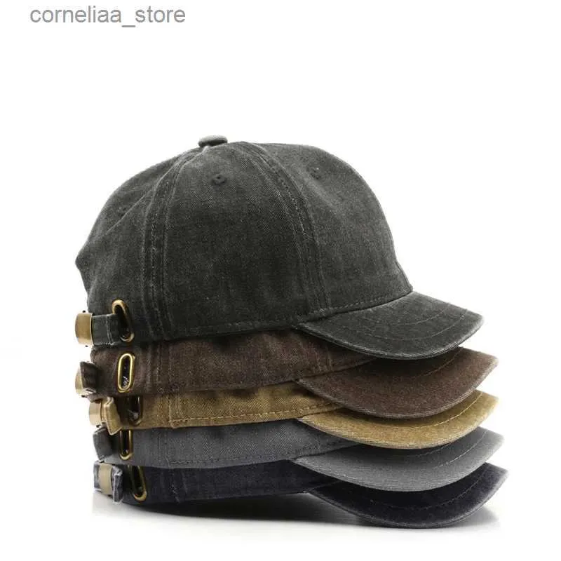 Berretto da baseball a tesa corta in denim per uomo Donna Cappello da papà in cotone solido Snapback Visiera parasole per esterno Sport Berretto hip-hop casual BonnetY240315