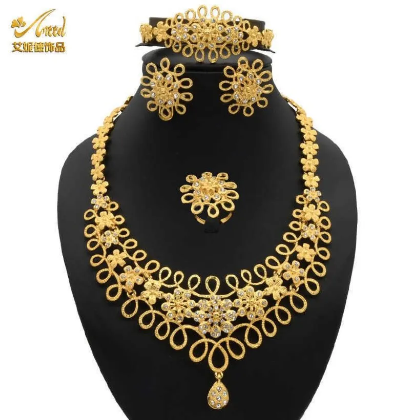 ANIID African Dubai Jewelry Gold Big Necklace Rings Set For Women Nigerian Bridal Wedding Party 24K Ethiopian Earrings Jewellery H232W