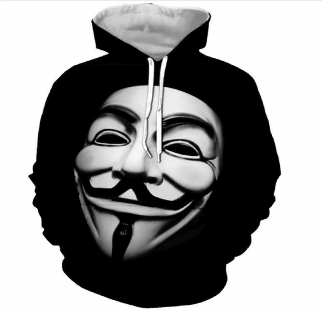 Nieuwe Mode Koppels Mannen Vrouwen Unisex HD Vendetta Masker Hacker Grappige 3D Print Hoodies Sweatshirt Jas Trui Tops RW0304599926