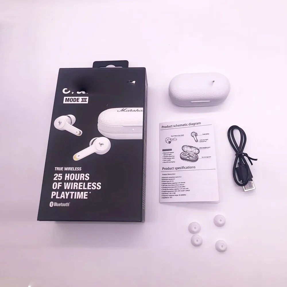 MODE III M12 Echte draadloze hoofdtelefoon 5.0 TWS Bluetooth-oordopjes Kenmerkende geluiden 3D-hoofdtelefoon MODE 3 Lange speeltijd Stereo-oordopjes