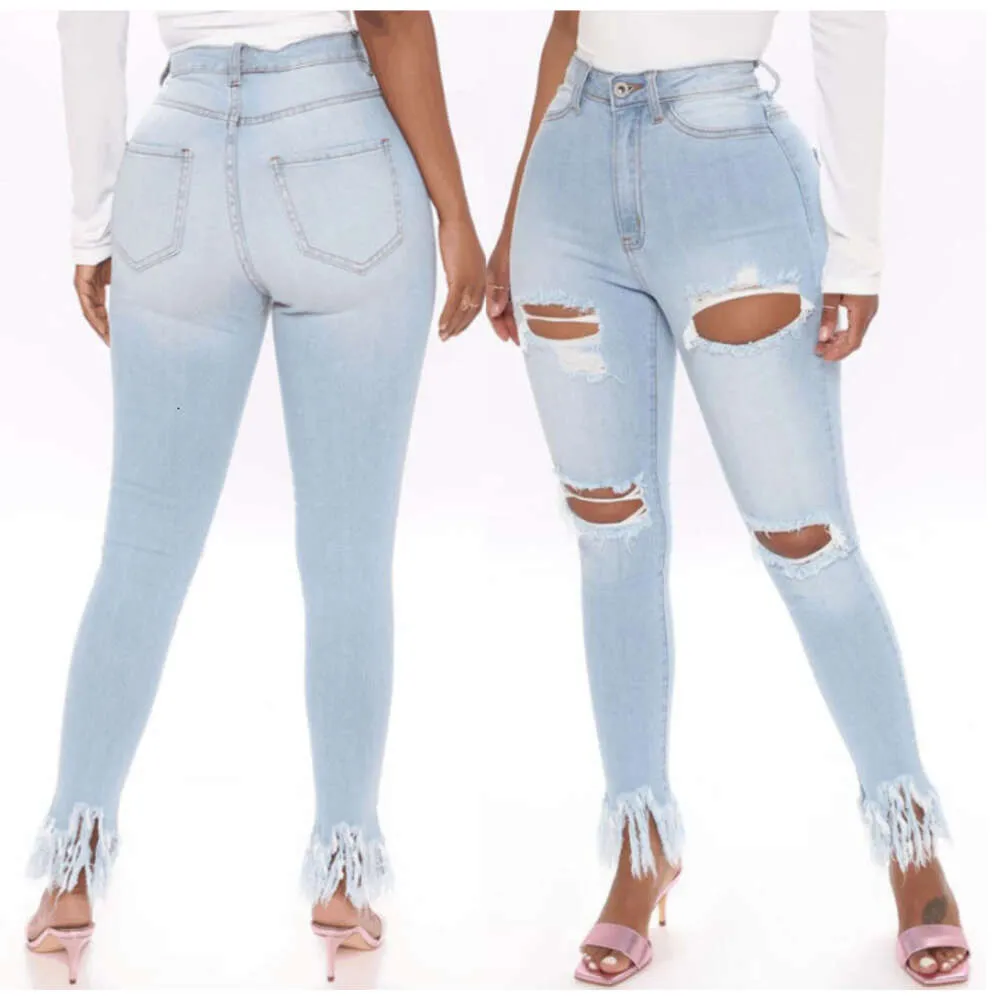 Women's Distressed Elastic High Waisted Tight Fitting Jeans, Women's Ankle Tassels New Style