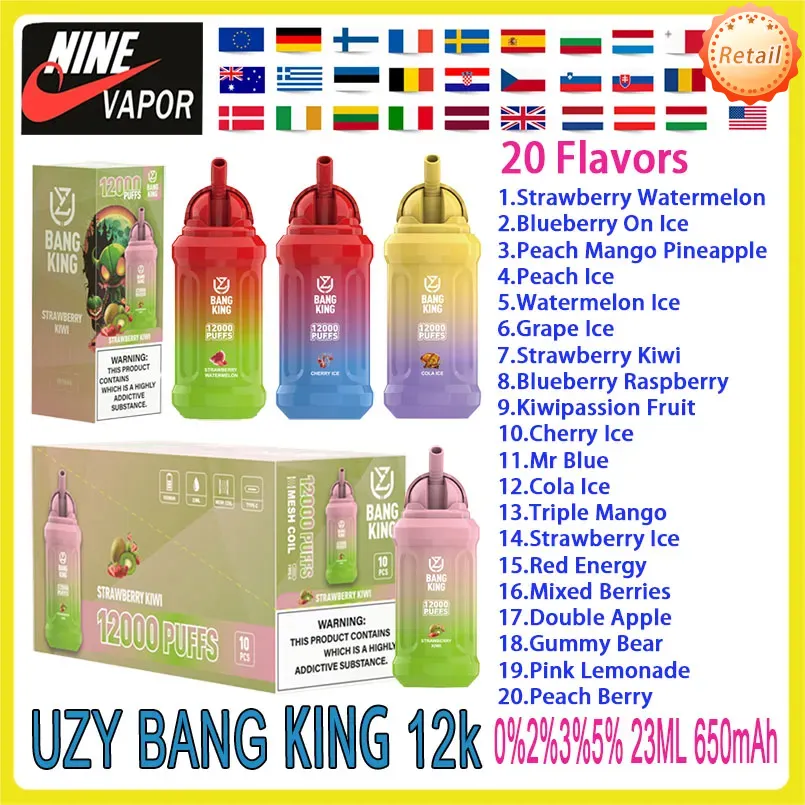 Otantik Uzy Bang King 12000 Puf Verilebilir E Sigara 0% 2% 3% 5% Seviye Önceden doldurulmuş 23ml POD 650mAh şarj edilebilir pil vape kalem