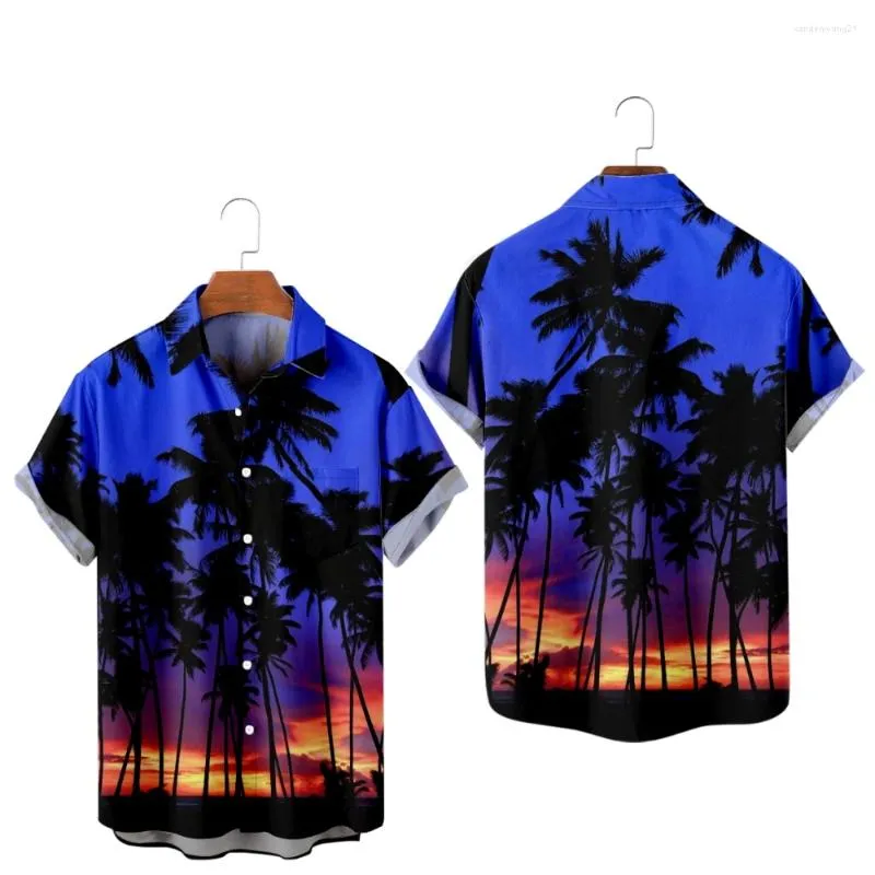 Erkekler Sıradan Gömlek Palmiye Ağaçları 3D Desen Yaz Kısa Kol V Yez Dönüşü Down Down-Down yaka plaj tarzı düğme gömlek
