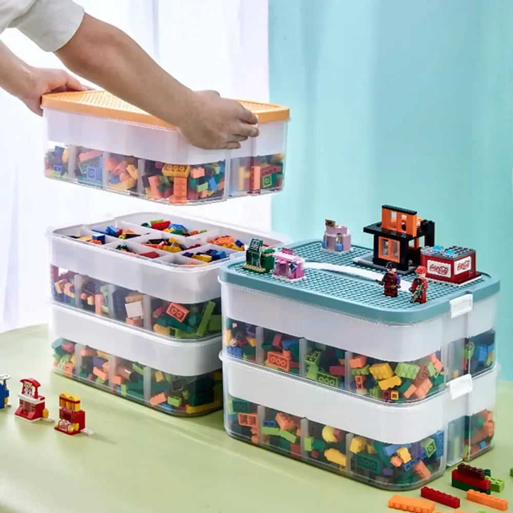 Bins Kids Bloco de construção Caixa de armazenamento Caixa de armazenamento Ajustável Legocompatível Recipiente de plástico com alça Grid 2 camadas Organizador de brinquedos