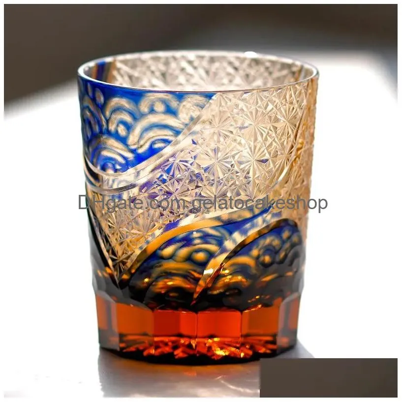 Vinglasögon exklusiv Edo Kiriko Bohemian tjeckisk gravering Whisky Cup Drinkware Hand Cut för att rensa färgglas Whisky Tumbler Drop Del DH1DT