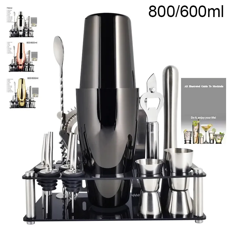 1-14 Pcs/set 600ml 750ml Stainless Steel Cocktail Shaker Mixer Drink Bartender Browser Kit Bars Set Tools With Wine Rack Stand 240306
