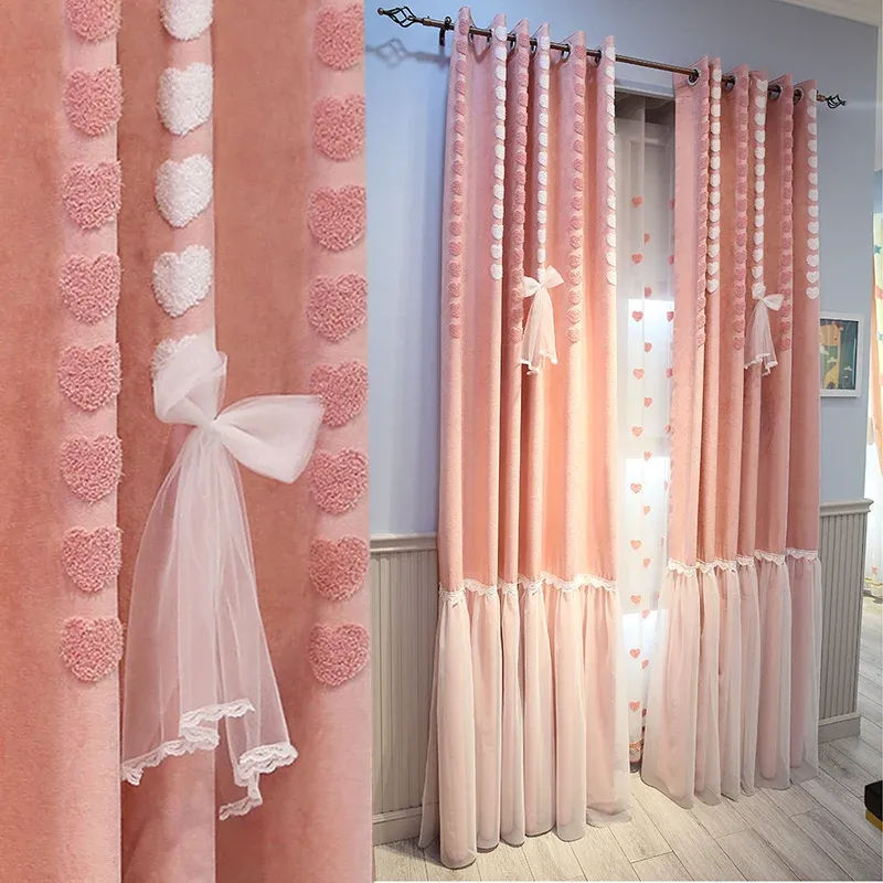 Cortinas princesa coreana para sala de jantar, quarto infantil, quente, menina, coração, recém-casado, rosa, alto blackout personalizado