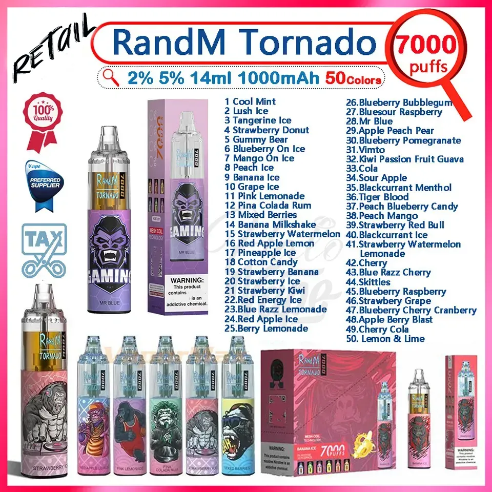 RandM Tornado 7000 Puff E-cigarettes jetables 16 ml Pod pré-rempli 0% 2% 3% 5% 600mAh Batterie rechargeable 50 saveurs Puffs 7k Vape Pen