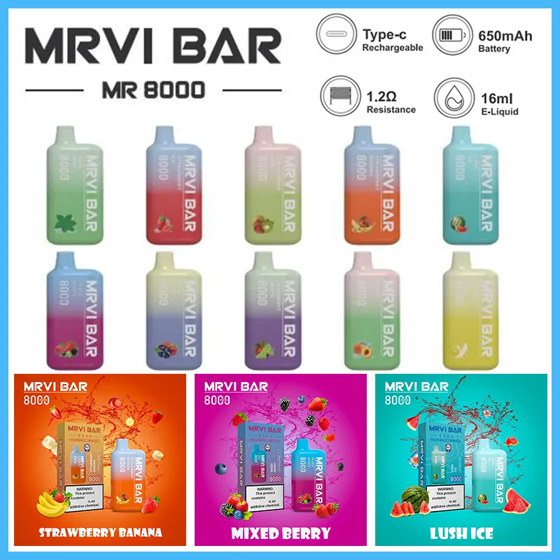 Original Factory MRVI BAR 8000 Puffs Vape Pen jetable E Cigarette avec batterie rechargeable 650mAh 16ml Pod prérempli Elfbar Elfworld