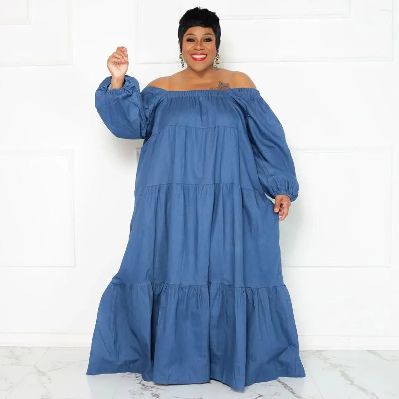 Robes de grande taille KEXU Jean femmes robe épaules dénudées lanterne manches longues volants lâche Maxi Sexy fête longueur de plancher