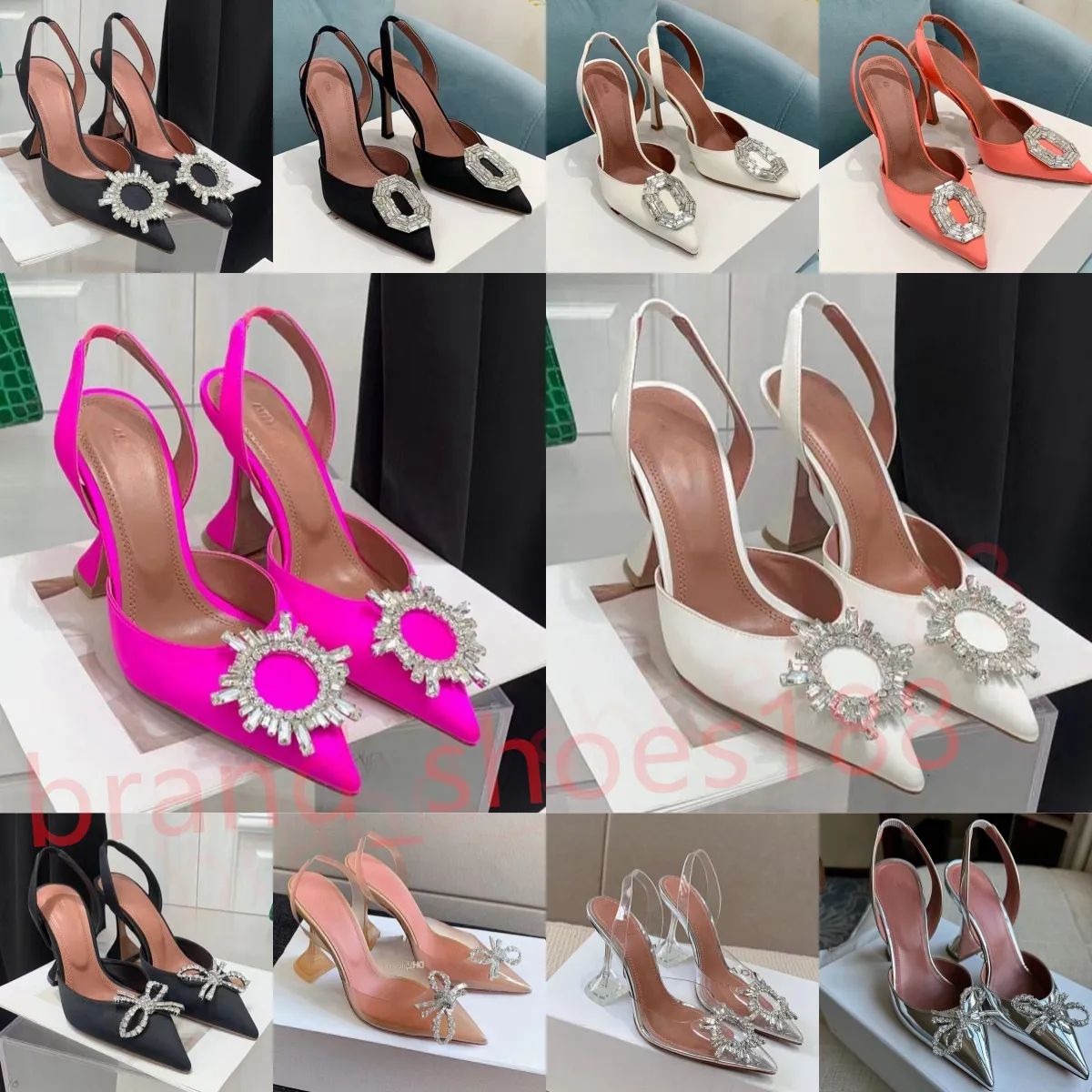 Tacones de diseñador Zapatos de vestir, sandalias de mujer, sandalias deslizantes, zapatos de tacón con punta de satén, zapatos con pajarita, sandalias de girasol de cristal, zapato de tacón alto, tacones de boda de diseñador de lujo de 10mm