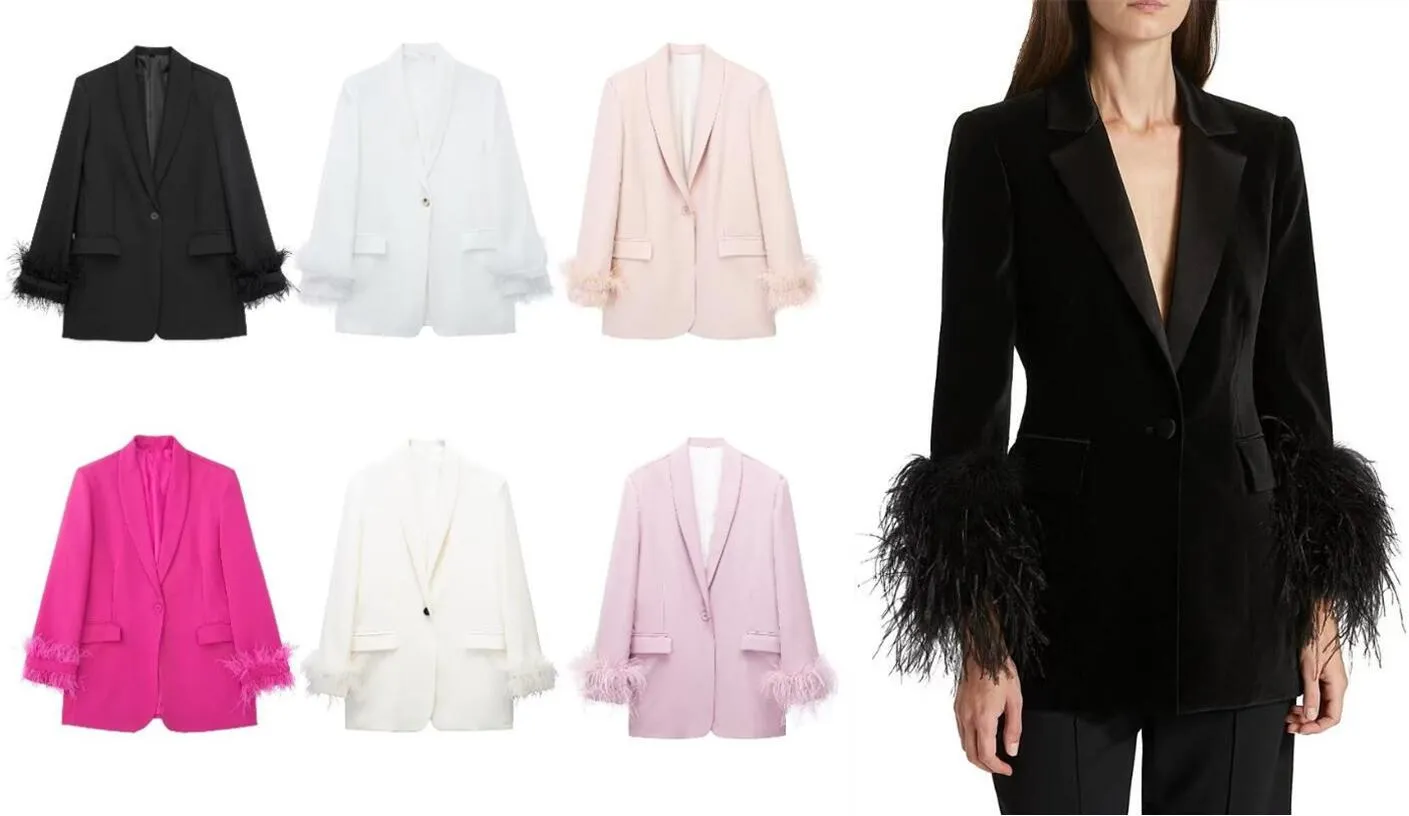 Newest 2024 Designer Jacket Women's Natural Feathers Embellished Single Button Blazer feather trim straight cylinder leisure suit jacket