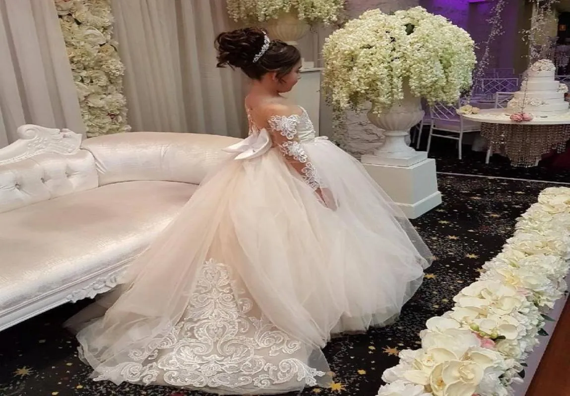 Sheer Long Sleeves Flower Girl Dress with Bow Lovely Puffy Tulle Ball Gown Pageant Dress Christmas Dress Lace Applique Flower Girl9958461