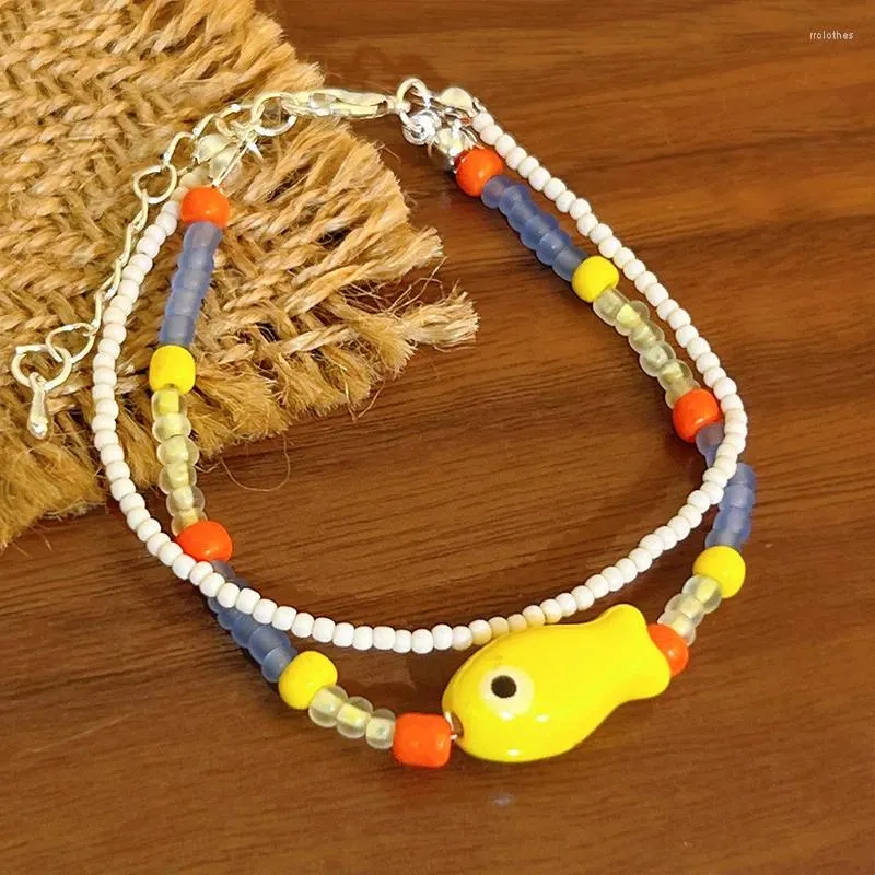 Strand Cartoon Mignon Poisson Jaune Pendentif Bracelet Pour Femmes Filles Bicouche Bonbons Couleur Couleur Perles Chian Simple Doux Bijoux De Mode